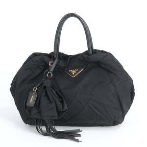 Prada Tessuto Nylon Triangle Logo Leather Tote Bag Shoulder Black Women's